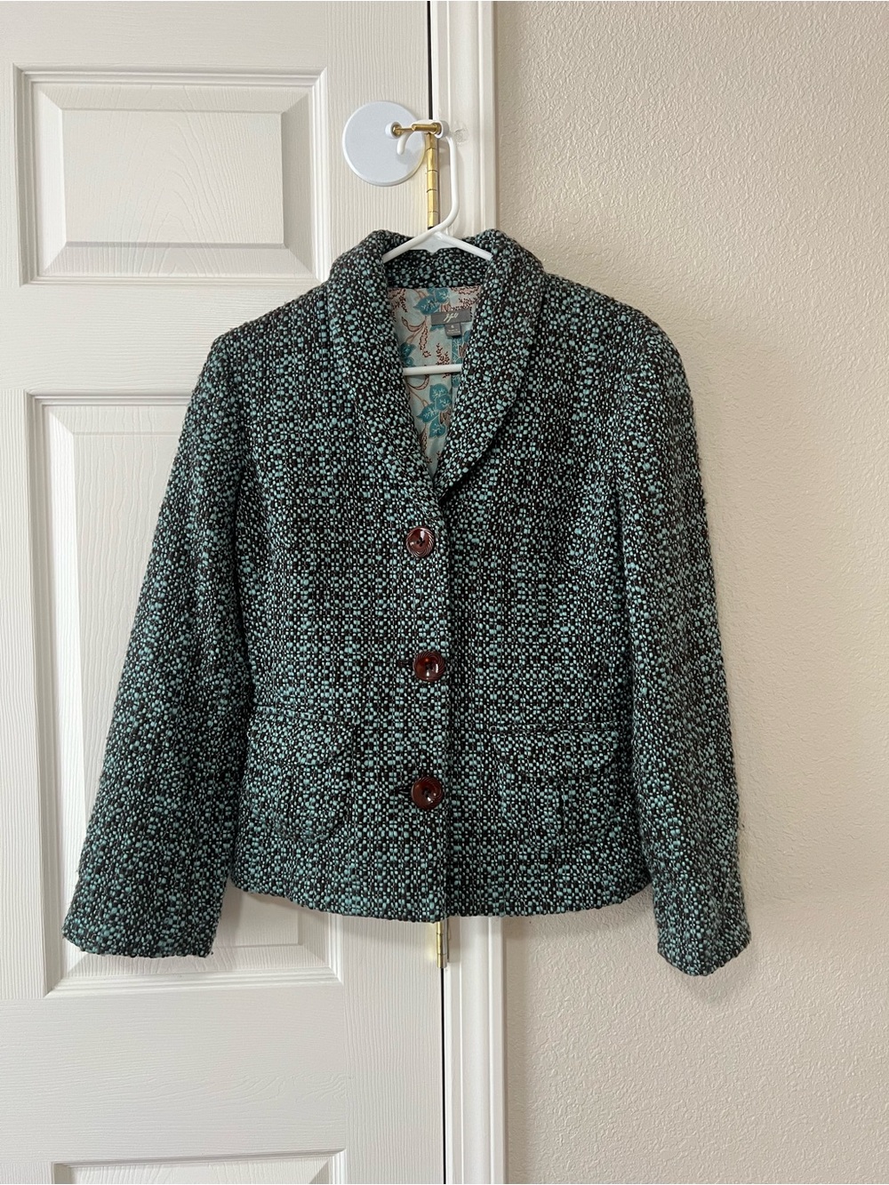 J. Jill Wool Blend Tweed Blazer Jacket Size 6 Aqua Brown Y2K